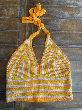Striped Crochet Halter Camisole in Mustard, Pink & Olive - Women Tops